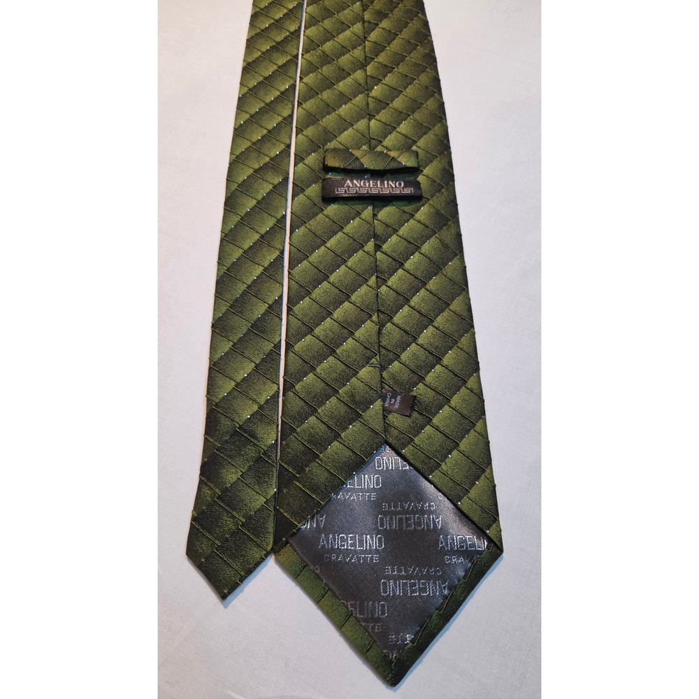Angelino Cravatte Mens Silk Tie Olive Green Woven Geometric Handmade 58x3.75 - Picture 3 of 4